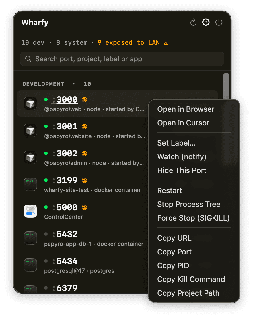 The Wharfy menu bar panel: dev ports with owner icons and live stats, with the context menu open on port 3000 — Open in Cursor, Restart, Stop Process Tree, Copy Kill Command.